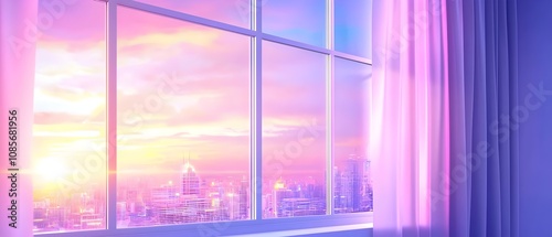 Dreamy Cityscape: A soft pink curtain frames a breathtaking view of a cityscape bathed in the warm glow of a pastel sunrise, evoking feelings of peace, tranquility, and hope. 