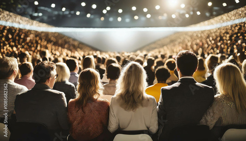 A large audience fills the auditorium, raising their hands in excitement as colorful confetti falls from above, creating an electrifying atmosphere for a live performance. photo