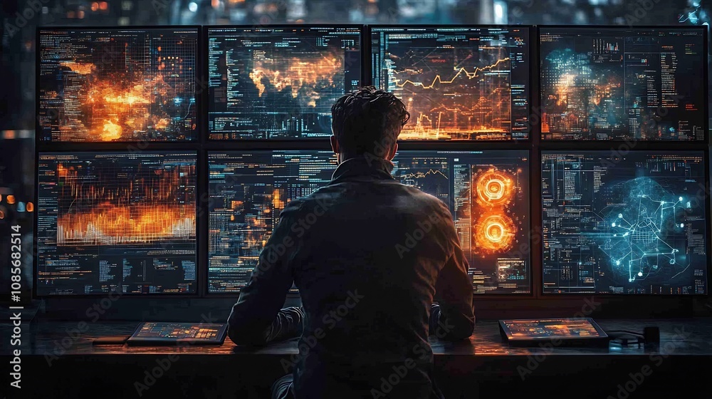 Data mining expert analyzing visual data clusters transparent screens surrounded glowing algorithms symbols for information and extraction visuals Data mining expert analyzing visual data clusters transparent screens surrounded glowing algorithms symbols for information and extraction visuals