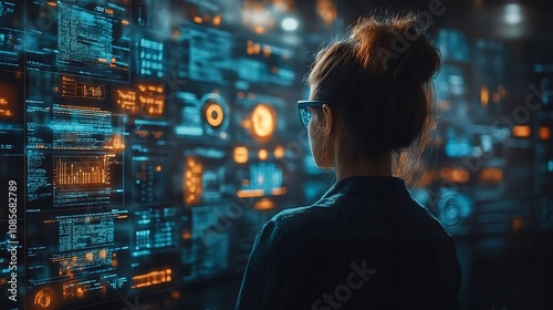 Data Analyst Exploring Glowing Clusters Transparent Screens Displaying Dynamic Algorithms RealTime Insight Visualization