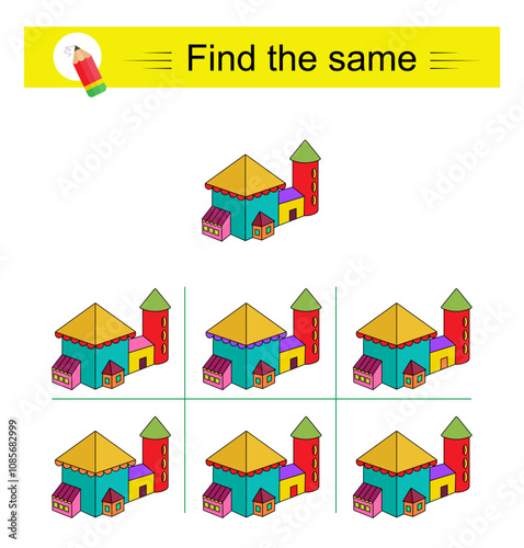 Puzzle game for kids. Attention task. Need to find the same of object.