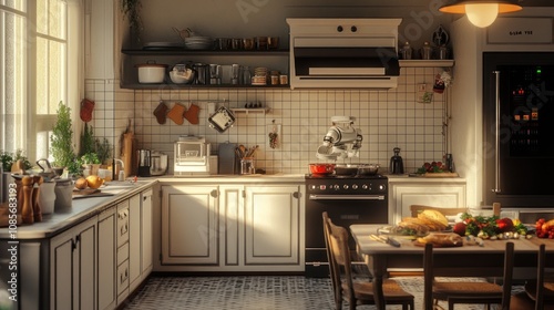 A bright and airy kitchen with white cabinets, a tiled backsplash, and a large window. There is a wooden table with food on it and a fridge in the background.