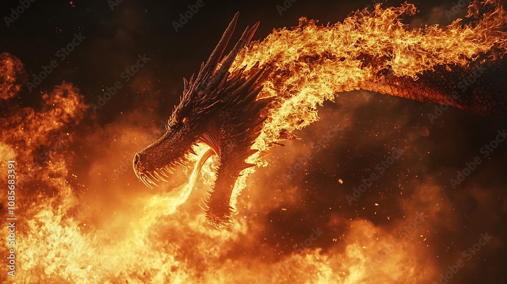 Majestic Dragon Breathing Fiery Plumes into the Dramatic Sky Backdrop Majestic Dragon Breathing Fiery Plumes into the Dramatic Sky Backdrop