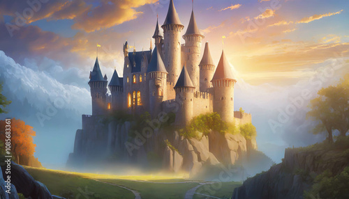 A grand medieval castle stands majestically against a backdrop of towering mountains, illuminated by the warm glow of the setting sun, creating a breathtaking landscape.