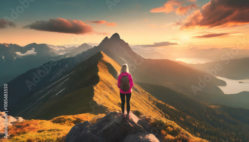 A person holds a scale of justice against a stunning mountain backdrop during sunset in a serene wilderness setting photo