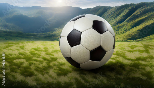 A soccer ball is prominently displayed in the foreground, surrounded by vibrant green grass and majestic mountains under a clear blue sky, capturing the essence of a lively afternoon. photo