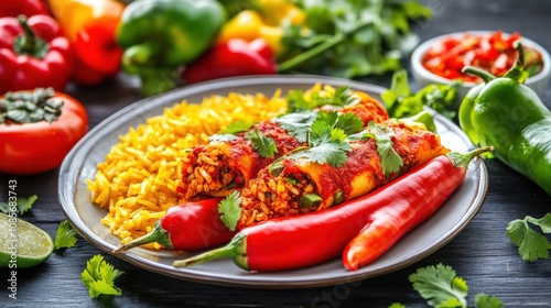 Artistic Shot of Chiles Rellenos Served with Yellow Rice and Colorful Vegetables, Highlighting a Vibrant Culinary Presentation on a Rustic Wooden Table