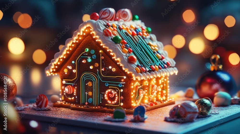 A gingerbread house with candy decorations and lights, on a table with festive ornaments and a blurred background of lights. A gingerbread house with candy decorations and lights, on a table with festive ornaments and a blurred background of lights.