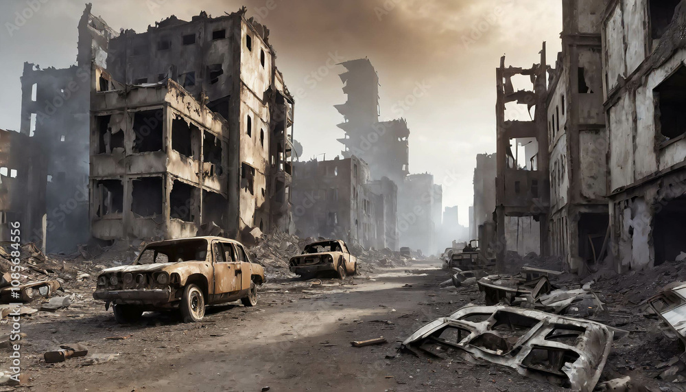 A deserted urban area is enveloped in debris as rain falls, creating a moody atmosphere reminiscent of a post-apocalyptic cityscape. A deserted urban area is enveloped in debris as rain falls, creating a moody atmosphere reminiscent of a post-apocalyptic cityscape.