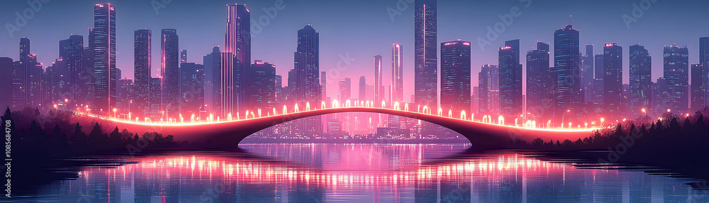 Naklejka premium Futuristic city skyline with illuminated bridge at night.