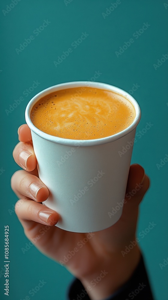 A hand holding a white cup filled with orange beverage. A hand holding a white cup filled with orange beverage.