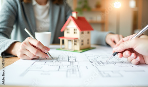 a female architect draws a house plan , a concept for the construction of private housing