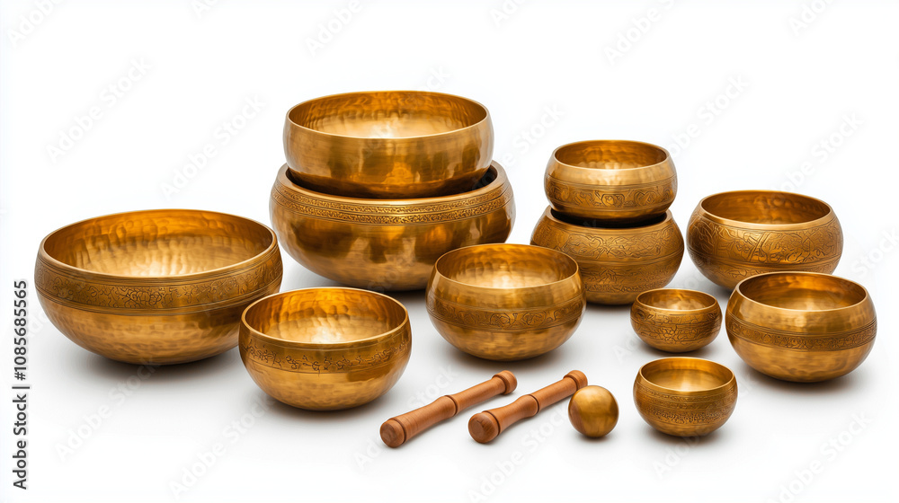 Singing Bowls Arrangement with Vibrations on White Background Singing Bowls Arrangement with Vibrations on White Background