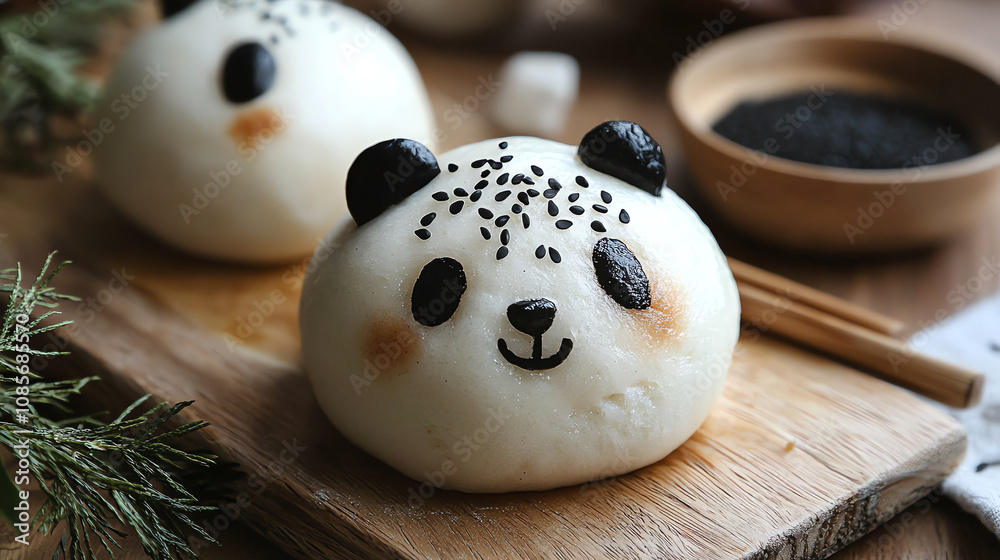 Delightful panda bao buns crafted with black sesame, offering a playful twist on traditional Chinese cuisine in a cozy kitchen setting Delightful panda bao buns crafted with black sesame, offering a playful twist on traditional Chinese cuisine in a cozy kitchen setting
