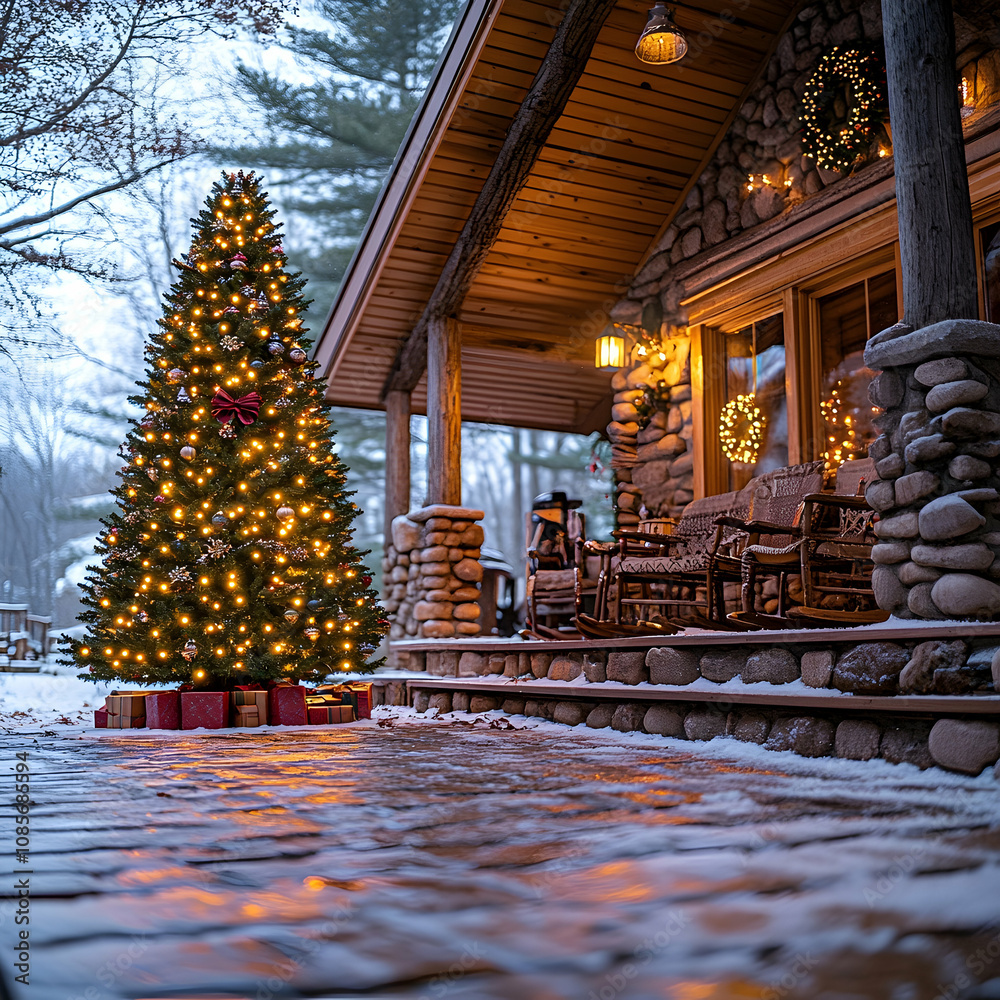 Illuminated Christmas tree on snowy porch of rustic cabin. Illuminated Christmas tree on snowy porch of rustic cabin.
