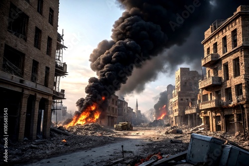 Destruction of Cities in War: Animation Loop of Burning Buildings and Black Smoke in 4K Resolution, Capturing the Chaos and Devastation of Urban Warfare photo