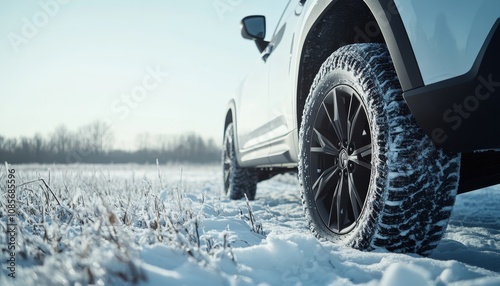 Close up of suv winter tires showcasing deep treads against a snowy landscape and blue sky