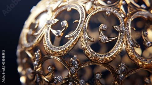 Close-up of a golden sphere with intricate filigree details and sparkling diamonds.