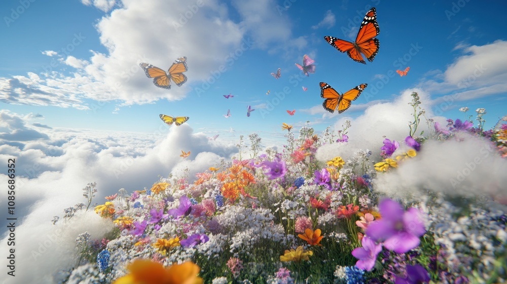 A vibrant meadow of wildflowers blooms above the clouds, with butterflies fluttering around. A vibrant meadow of wildflowers blooms above the clouds, with butterflies fluttering around.
