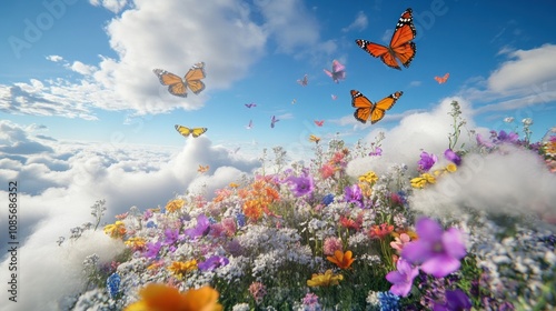 A vibrant meadow of wildflowers blooms above the clouds, with butterflies fluttering around.