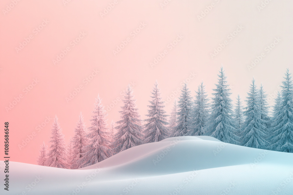 Snow-covered landscape with evergreen trees under a pastel sky during the winter season in a serene natural setting Snow-covered landscape with evergreen trees under a pastel sky during the winter season in a serene natural setting