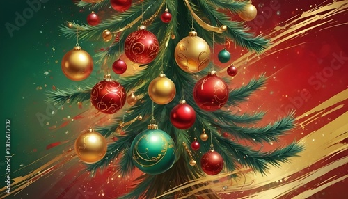 Christmas tree branch adorned with vibrant ornaments, golden ribbons, and festive red-green hues