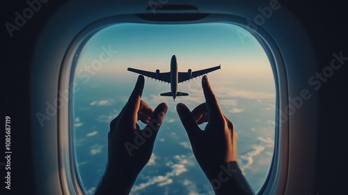 Silhouette of Hands Holding Airplane Model Against an Airplane Window