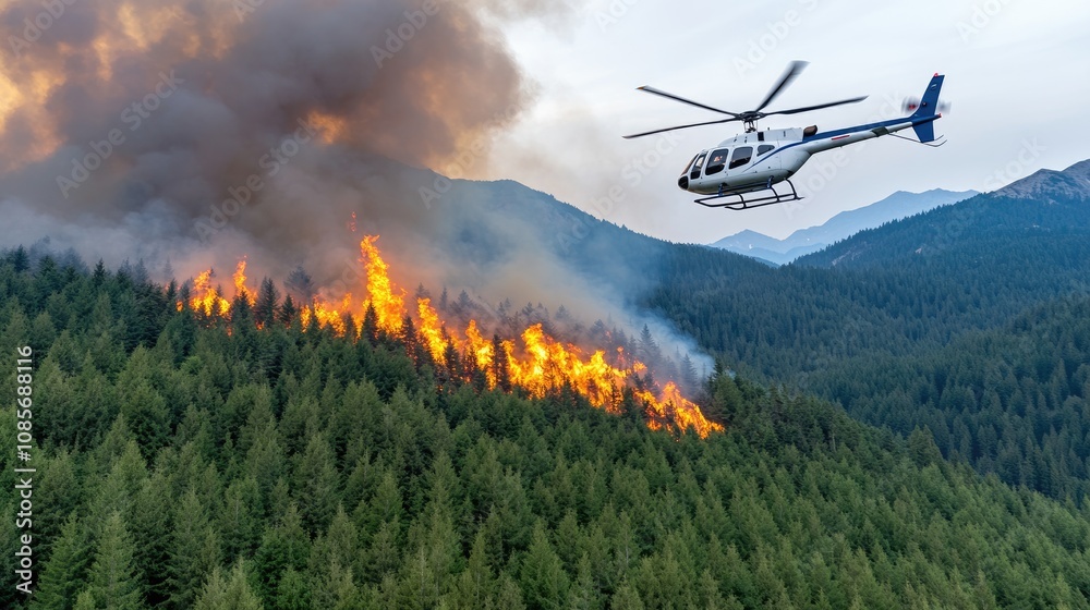 A helicopter hovers above a forest fire at night, casting shadows over the mountains while flames flicker intensely among the dense trees below, creating a dramatic contrast A helicopter hovers above a forest fire at night, casting shadows over the mountains while flames flicker intensely among the dense trees below, creating a dramatic contrast