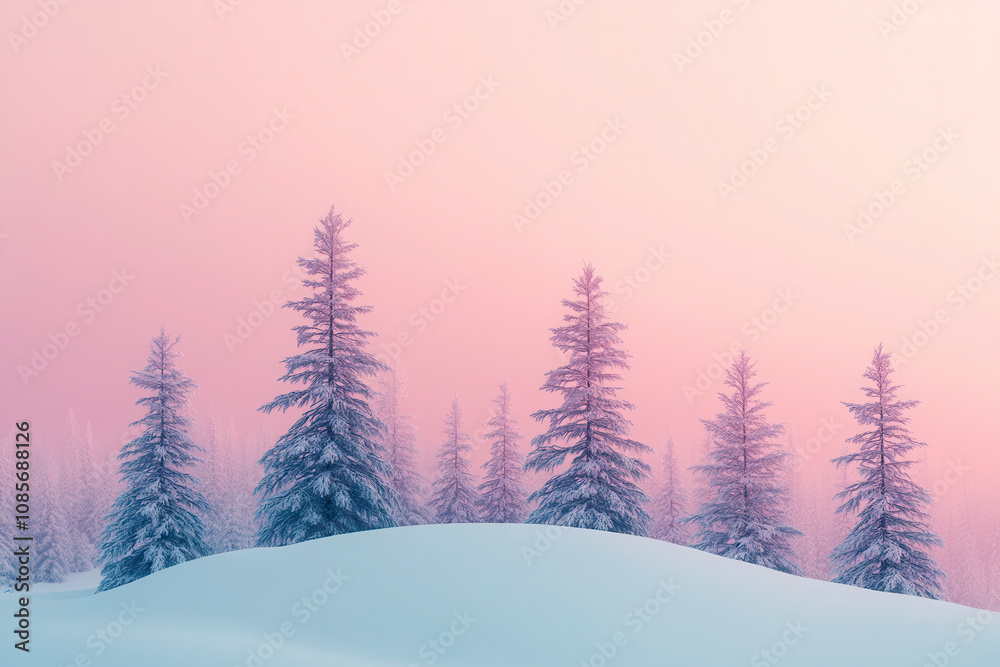Naklejka premium Serene winter landscape with snow-covered trees during twilight at a tranquil mountain setting