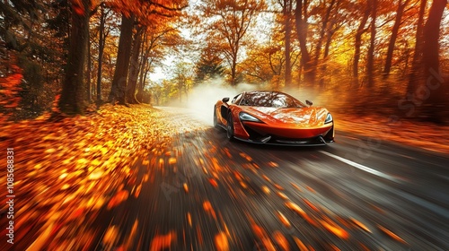 Luxurious sports car speeding down a scenic forest road with colorful autumn foliage Generative AI