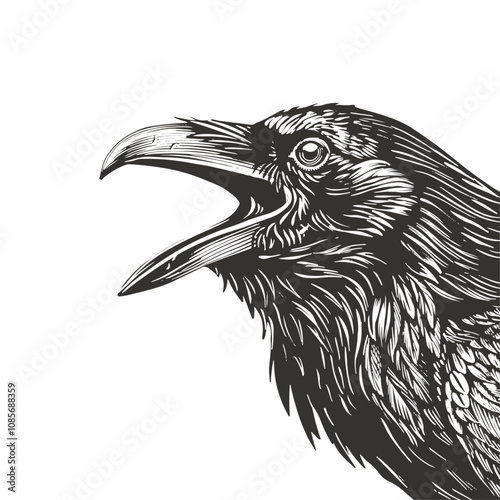 Raven with open beak, engraving style vector illustration