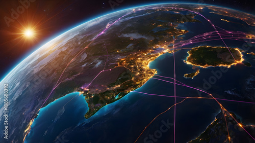 A planet with a bright sun in the background and a city lit up at night. The planet is surrounded by a network of lines that connect the cities