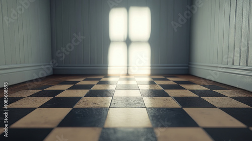checkered floor with shadows cast by window creates serene atmosphere. contrast of black and beige tiles adds depth to room design