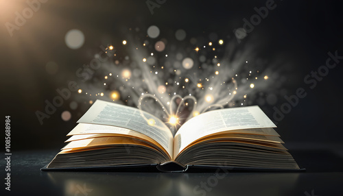 Magic Book With Open Pages And Abstract Lights Shining with white shades, png photo