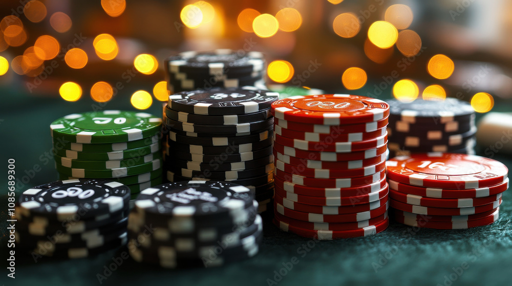 Stacks of colorful poker chips in black, red, and green on green felt surface, with blurred background of warm lights creating festive atmosphere
