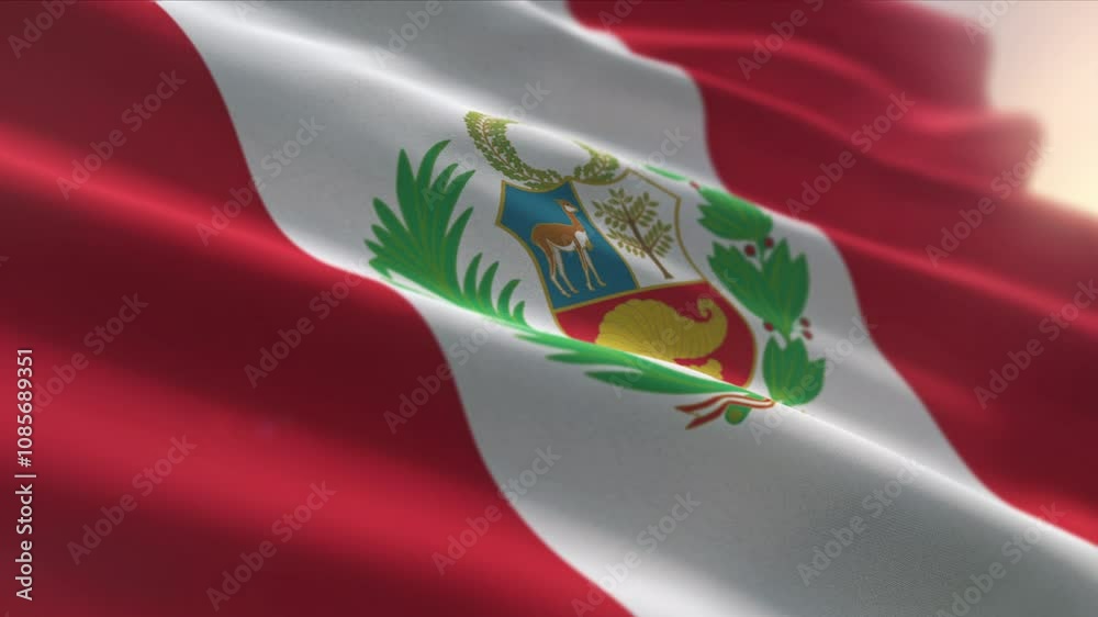 Waving flag of the South American Republic of Peru. Waving the flag of Peru with the coat of arms emblem divided into blue white and red parts. Waving the state ensign national flag of Peru.