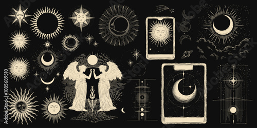 Основные RGBVector illustration set of moon phases. Different stages of moonlight activity in vintage engraving style. Zodiac Signs	
