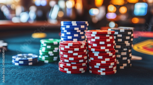 Colorful poker chips stacked on casino table, creating vibrant atmosphere. background features blurred lights, enhancing excitement of gambling