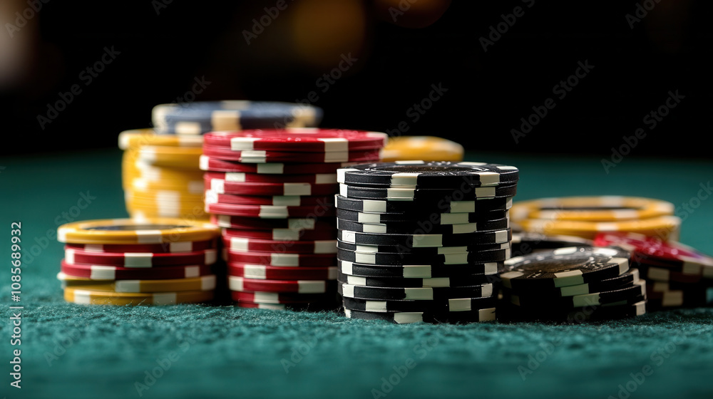 Stacks of colorful poker chips on green felt table create exciting casino atmosphere, perfect for gaming enthusiasts Stacks of colorful poker chips on green felt table create exciting casino atmosphere, perfect for gaming enthusiasts