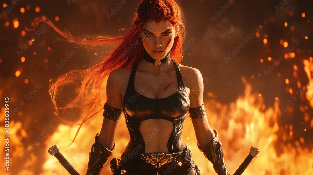 warrior with red hair stands confidently amidst flames, showcasing strength and power. warrior with red hair stands confidently amidst flames, showcasing strength and power.