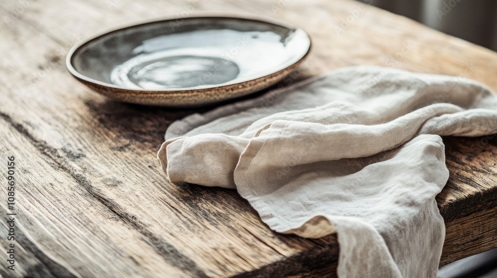 Rustic Dining Setup Featuring a Handcrafted Ceramic Plate and a Soft Linen Cloth on a Weathered Wooden Table in a Cozy Atmosphere Rustic Dining Setup Featuring a Handcrafted Ceramic Plate and a Soft Linen Cloth on a Weathered Wooden Table in a Cozy Atmosphere