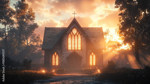 A historic church with arched windows and glowing light at sunset