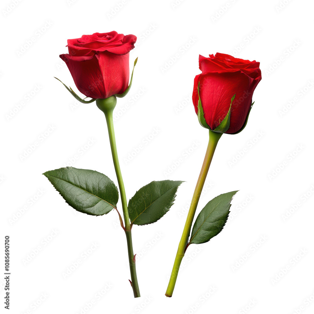 Fototapeta premium Pair of fresh red roses with green stems and leaves, symbolizing love, romance, and beauty, isolated on a white background.