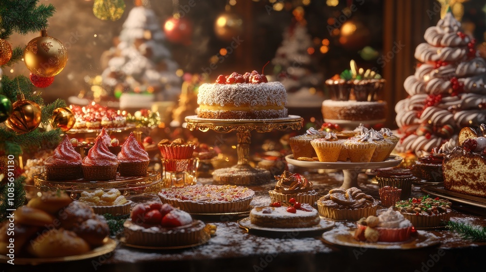 A festive table with a variety of delicious desserts, including cakes, tarts, cupcakes, and pastries. A festive table with a variety of delicious desserts, including cakes, tarts, cupcakes, and pastries.