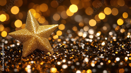 shimmering gold star rests on sparkling background of golden and silver glitter, creating festive and joyful atmosphere perfect for celebrations