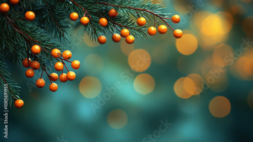 close up of evergreen branches adorned with bright orange berries, creating festive atmosphere with soft, blurred background of warm bokeh lights