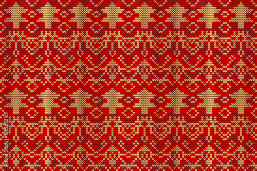 Abstract Gold And Red Christmas Knitting Pattern Background With Tree. Vector Illustration. Winter Wallpaper