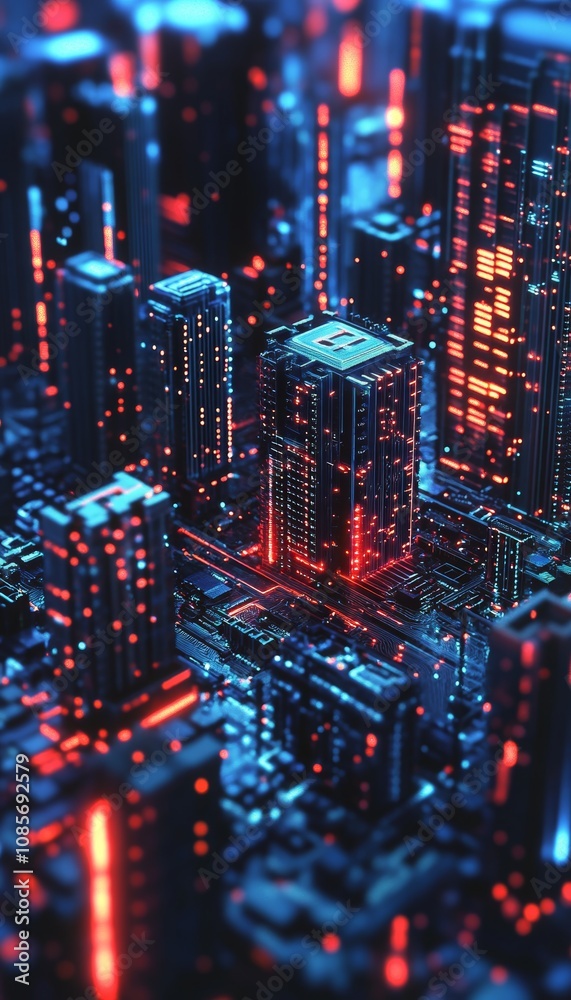 Abstract cityscape with glowing circuit board elements in dark blue and red seamless design Abstract cityscape with glowing circuit board elements in dark blue and red seamless design