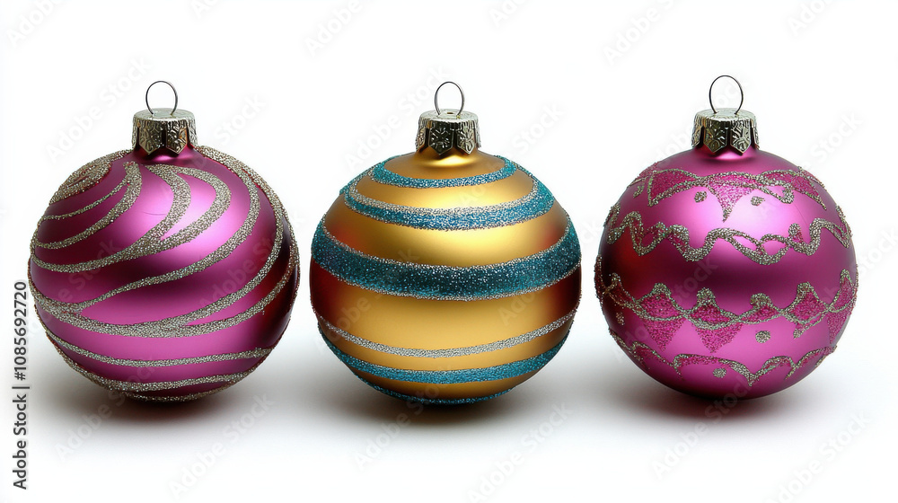 Colorful Christmas baubles in pink, gold, and blue with glittery designs create festive atmosphere. Perfect for holiday decorations and celebrations Colorful Christmas baubles in pink, gold, and blue with glittery designs create festive atmosphere. Perfect for holiday decorations and celebrations