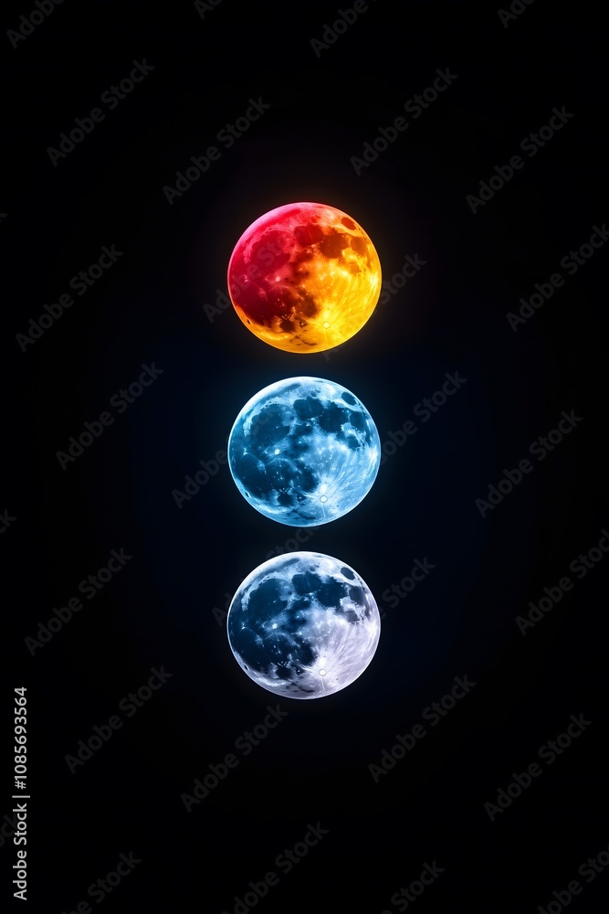 Tree vertical Moons on a black background. Red, yellow, blue, and white colors. Mystery, tarot, astrology, concept.